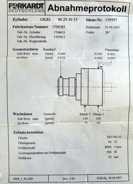 FORKARDT Druckölzylinder Hydraulic cylinder OKRJ 90 25 50 35 Fab-Nr. 170958 2