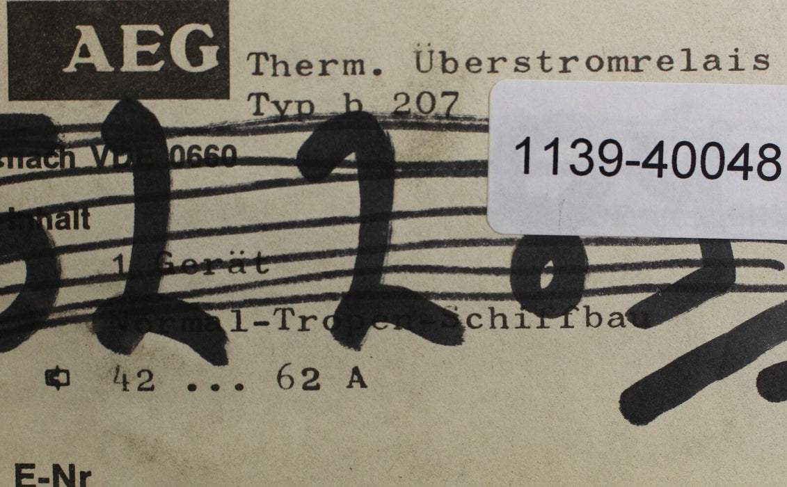 AEG Thermisches Überstromrelais Typ b 207 42-62A E-Nr. 910-341-537