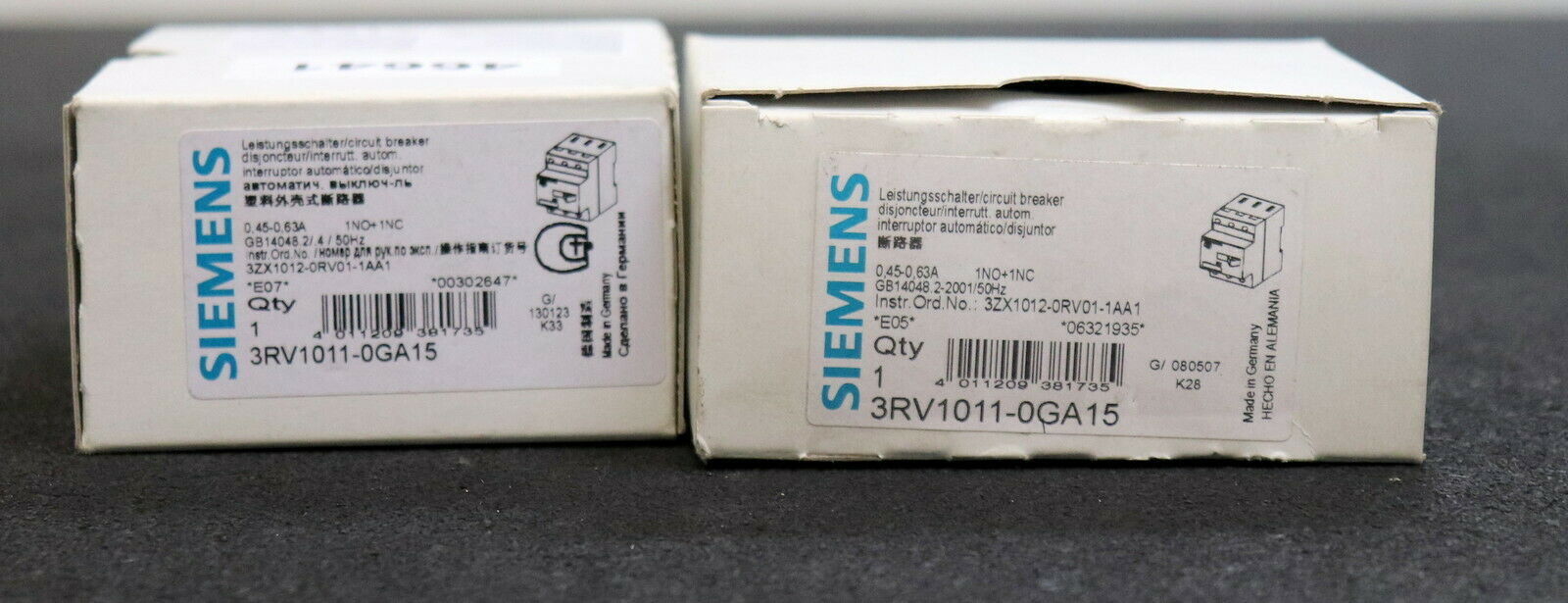 SIEMENS 2 Stück Motorschutzschalter 3RV1011-0GA15 0,45-0,63A 1NO + 1NC