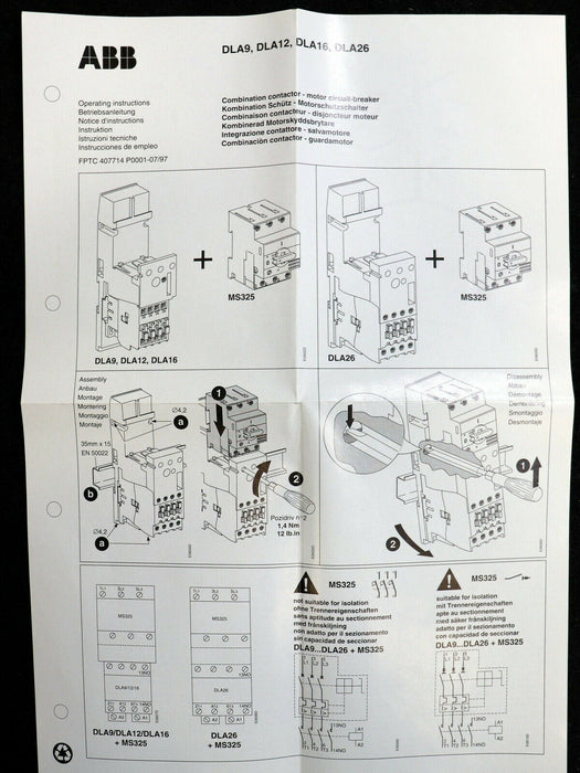 ABB 7,5kW Motorstarter auf Sockel DLA16-30 230/240V 50Hz 240/260V 60Hz AC-3 400V
