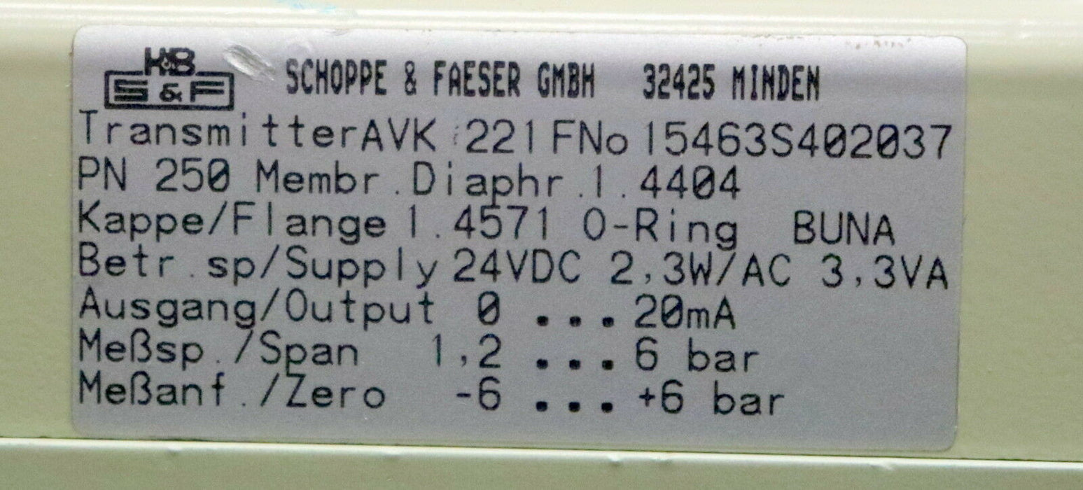 SCHOPPE & FAESER Transmitter AVK 221 F-No. 15463S402037 ON250 1.4404 24VDC