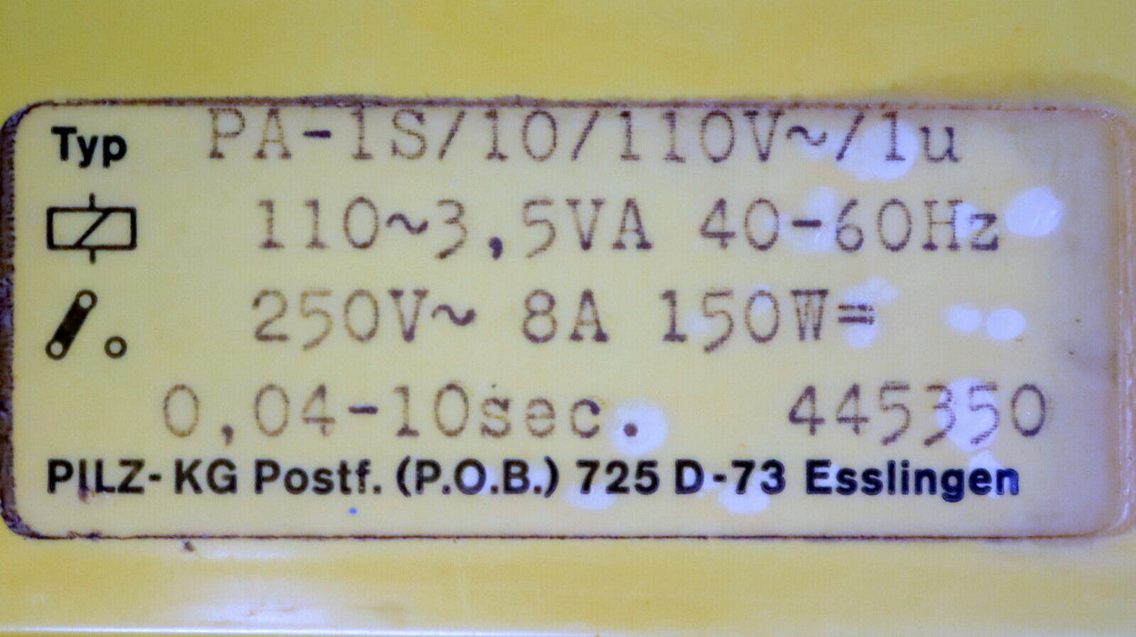 PILZ Zeitrelais PA-1S Art.Nr. 445350 PA-1S/10/110V~/1u T = 0,04-10sec. gebraucht