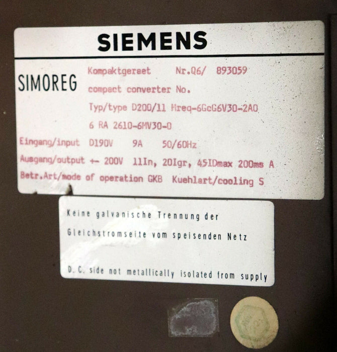 SIEMENS SIMOREG Kompaktgerät 6RA2610-6MV30-0 D200/11 Mreq-GcG6V30-2A