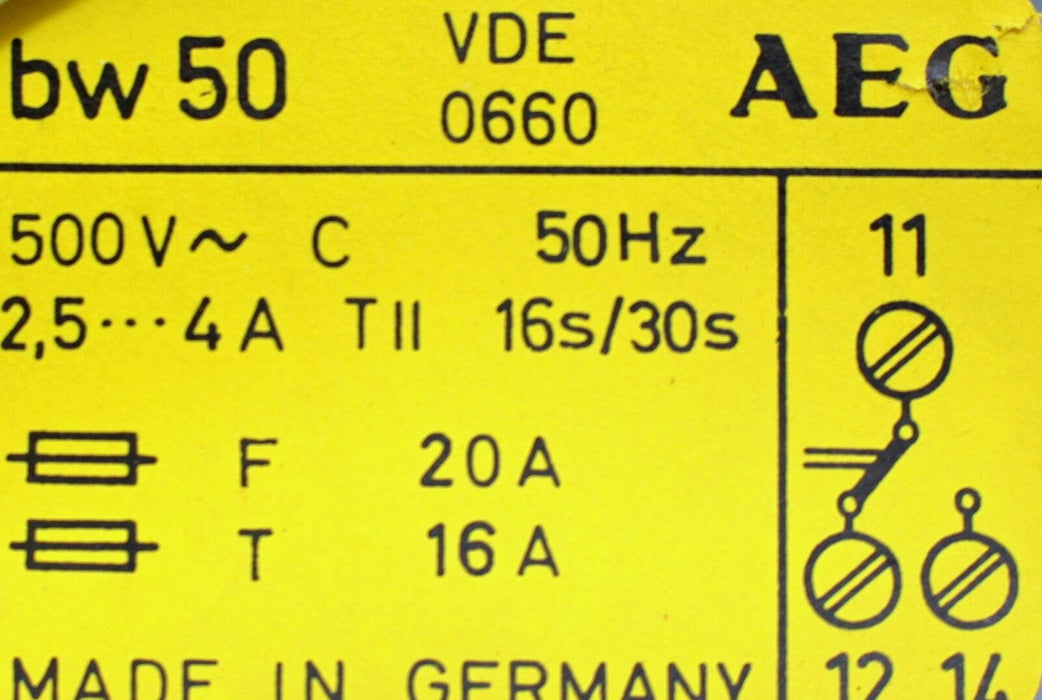AEG Thermischer Überstromauslöser Typ bw 50 2,5-4A 16/30s E-Nr. 910-341-682 50Hz