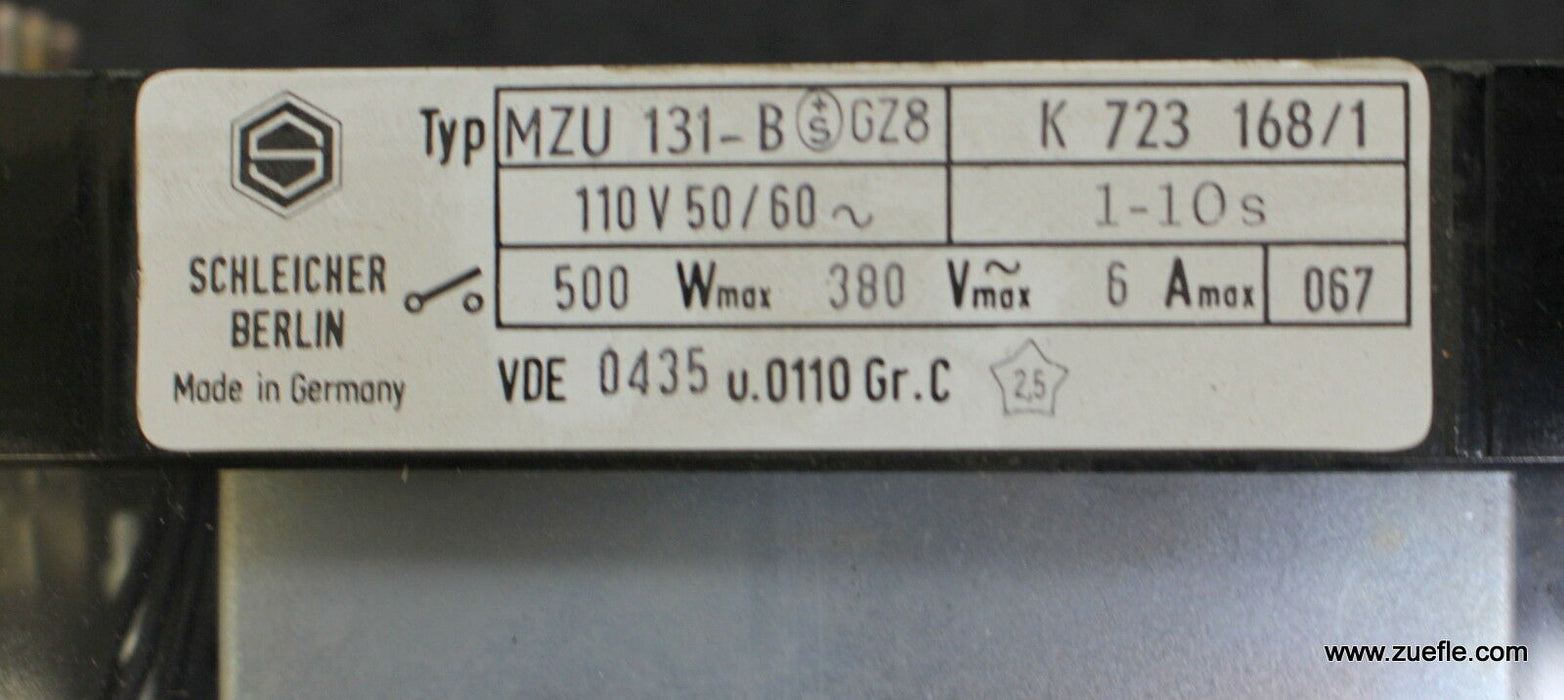 SCHLEICHER Zeitrelais MZU 131-B GZ8 110VAC 50/60Hz 1-10s 500W 380VACmax. 6Amax