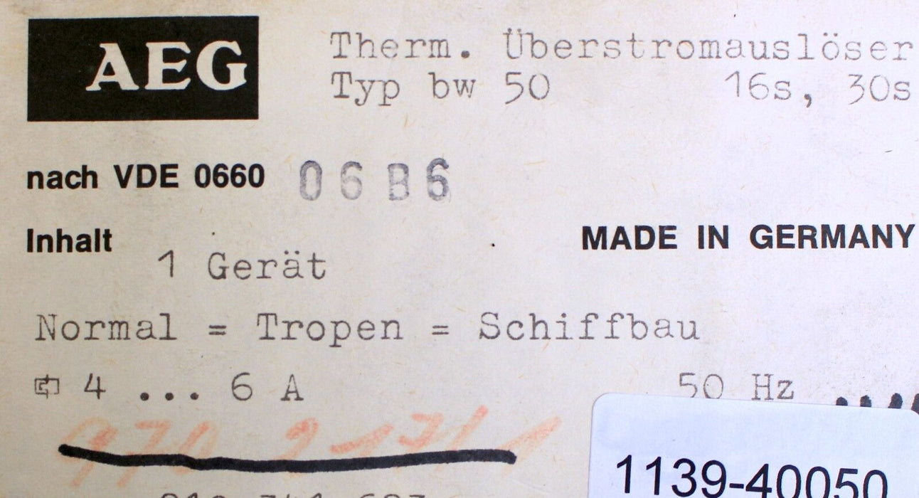 AEG Thermischer Überstromauslöser Typ bw 50 4-6A 16/30s E-Nr. 910-341-683 50Hz