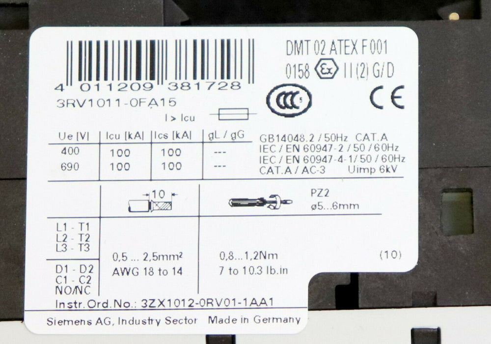 SIEMENS 3 Stück Motorschutzschalter 3RV1011-0FA15 0,35-0,5A 1NO + 1NC