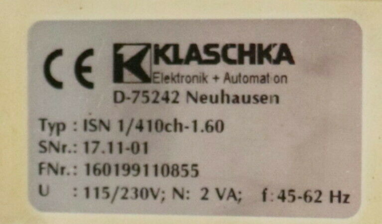 KLASCHKA Drehzahl-Messrelais ISN 1/410ch-1.60 SNr. 17.11-01 Spannung U= 115/230V