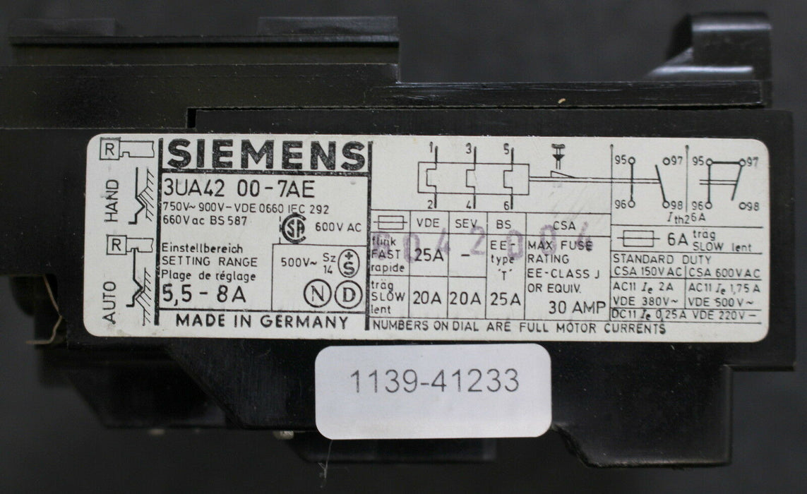 SIEMENS Überlastrelais 3UA4200-7AE 5,5-8A - 1 Stück
