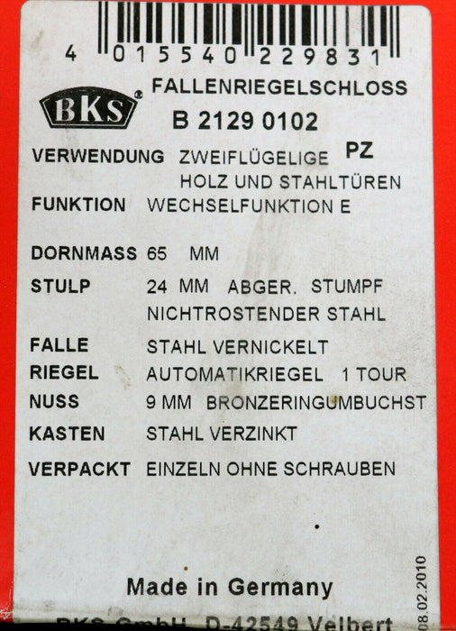 BKS Schiebetürschloss B 2129 0102 für zweiflügelige Holz-und Stahltüren