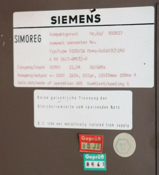 SIEMENS SIMOREG Kompaktgerät 6RA2617-6MV32-0 D200/26 Mreq-GcG6V3-2A0