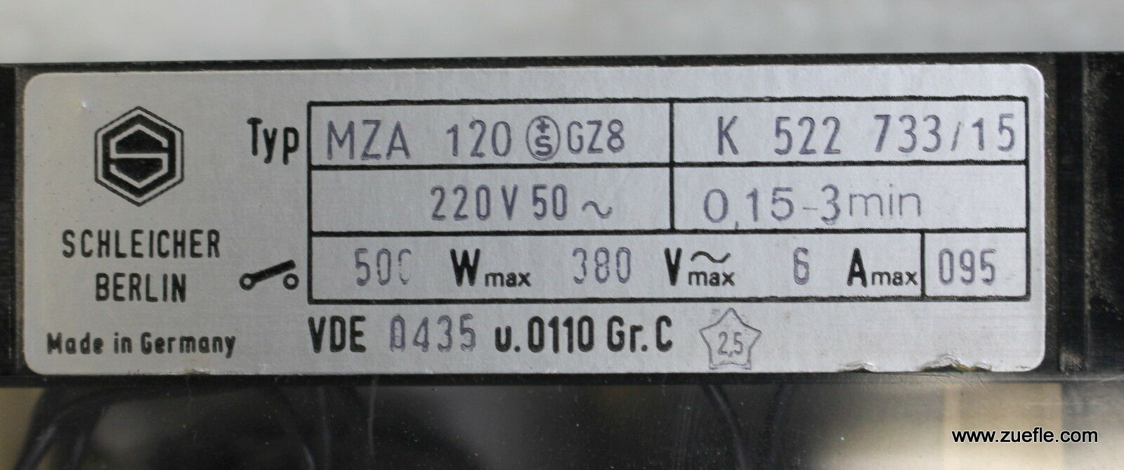SCHLEICHER Zeitrelais MZA 120 GZ8 220VAC 50Hz 0,15-3min 500W 380VACmax. 6Amax