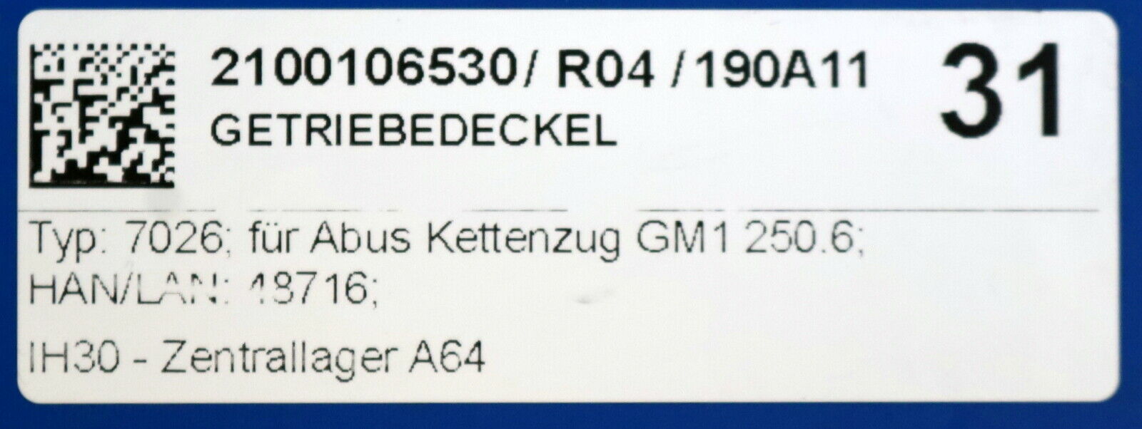 ABUS Getriebedeckel Art.Nr. 7026 Aluminium für ABUS Kettenzug GM1 250.6 unbenutz