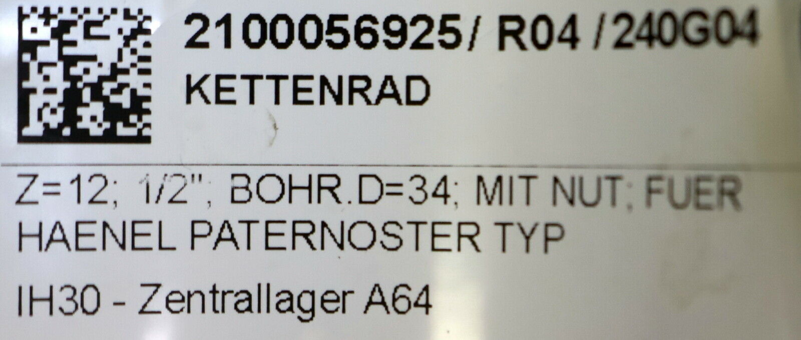 HÄNEL Kettenrad mit Z12 für HÄNEL Paternoster ROTOMAT 970 Typ 990 BohrungsØ 34mm