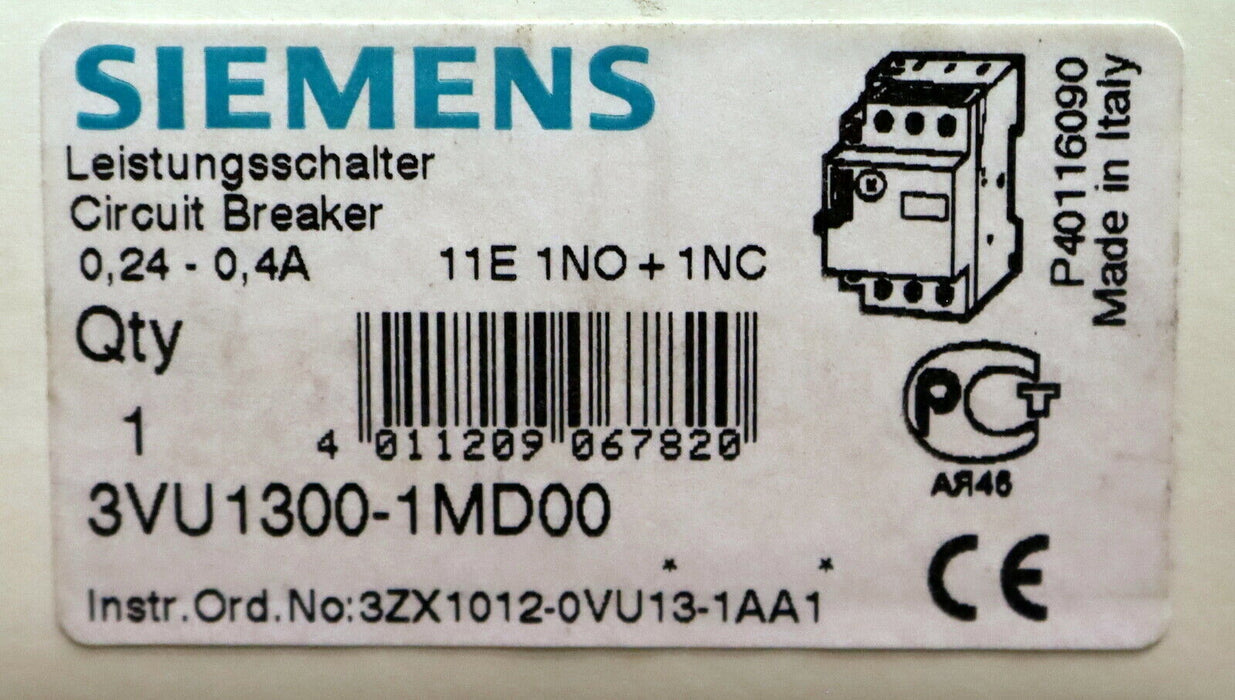 SIEMENS Leistungsschalter 11E 3VU1300-1MD00 0,24-0,4A unbenutzt in OVP