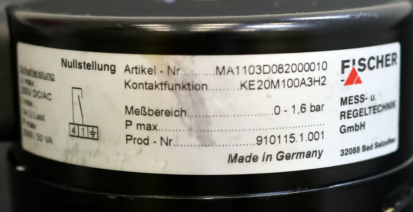 FISCHER Rohrfeder-Manometer MA1103D082000010 0-1,6bar Kl. 1,0 - KE20M100A3H2