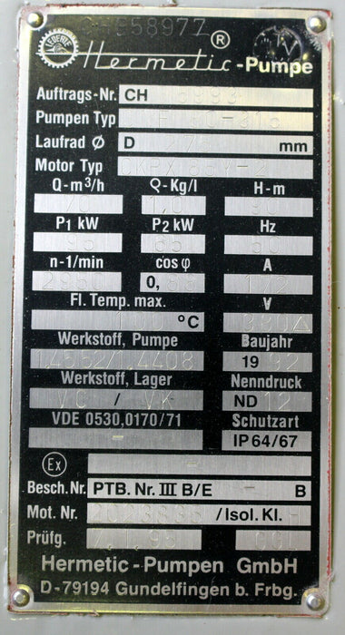 HERMETIC-PUMPEN / LOHER Spaltrohrmotorpumpe Stator mit 70m³/h für Medium DEIONAT