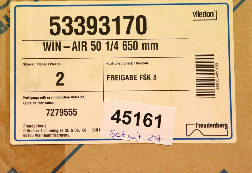 FREUDENBERG 2 Stk. VILDEDON Taschen-Filter Pocket Filter 5333170 WIN-AIR 50 1/4