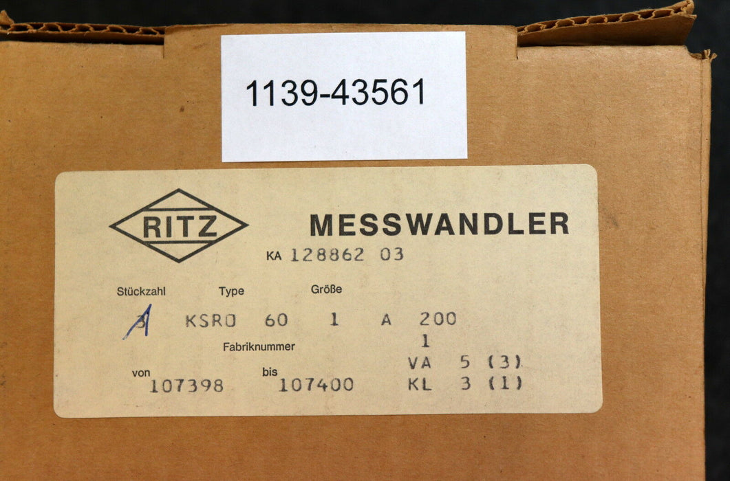 RITZ Transformer KSR0 60 Ratio 2000/1A 0,8/3kV Ith=60In 50-60Hz unused