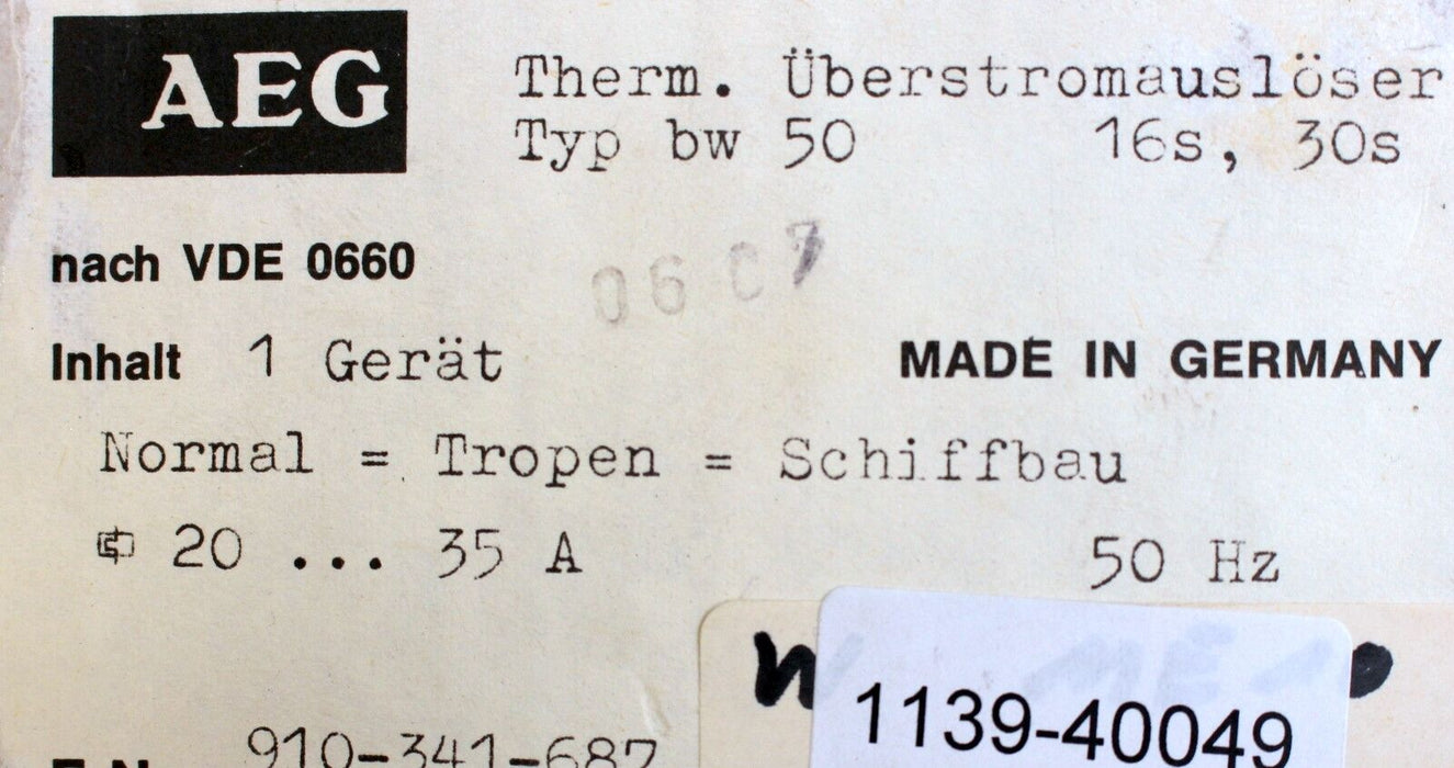 AEG Thermischer Überstromauslöser Typ bw 50 20-35A 16/30s E-Nr. 910-341-687 50Hz