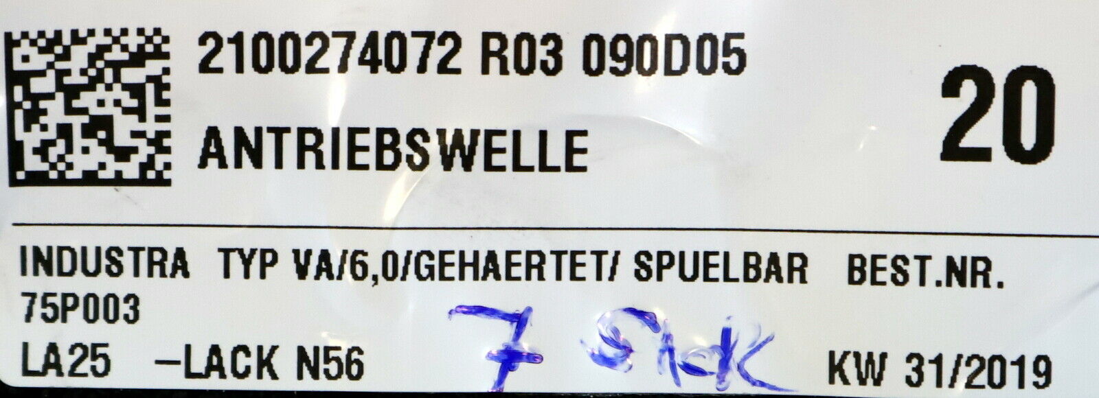 DÜRR / INDUSTRA Antriebswelle Typ VA/6,0/Gehärtet/Spülbar Nr. 75P003 - unbenutzt