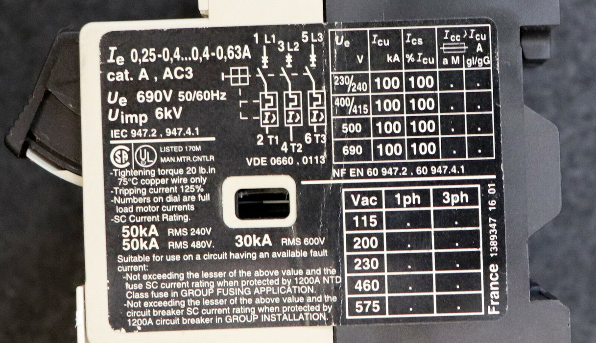 TELEMECANIQUE Motorschutzschalter GV2-M03 0,25-0,4A Ue=690V 50/60Hz Uimp=6kV