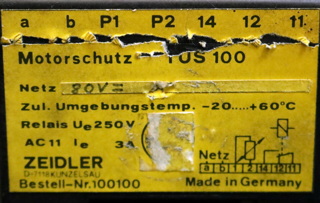 ZEIDLER PTC Auslösegerät TÜS 100 Bestell-Nr. 100100 Netz 80VDC Relais Ue=250V