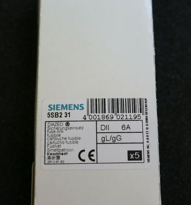 SIEMENS DIAZED 5x Sicherungseinsatz fuse-link 5SB2 31 6A 500VAC gL/gG
