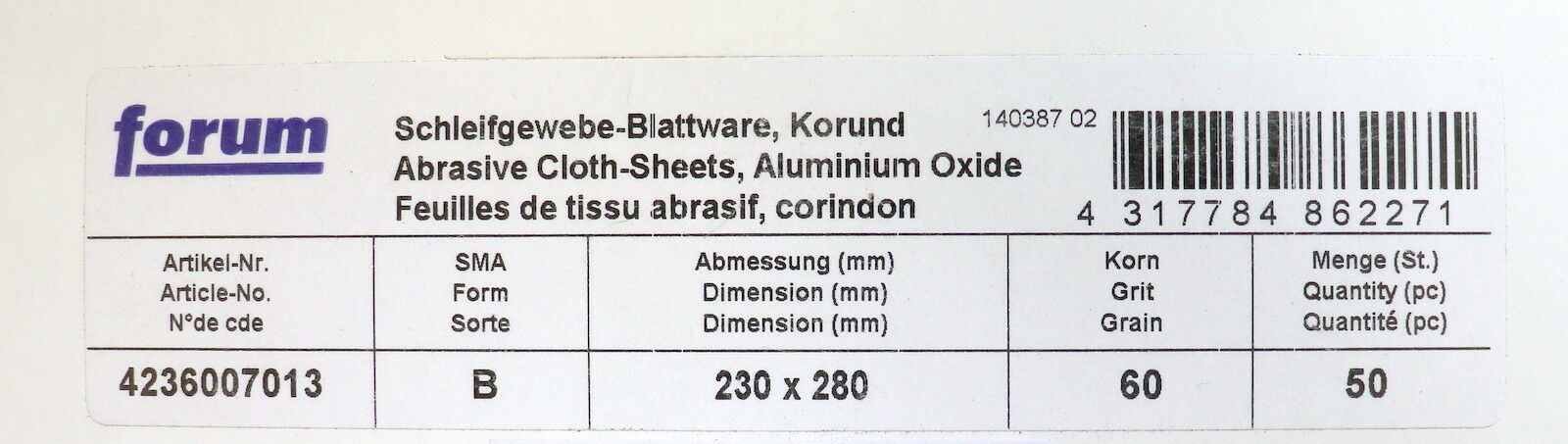 FORUM 100 Stück Schleifgewebe-Blattware Korund SMA B Abmessung 230 x 280mm