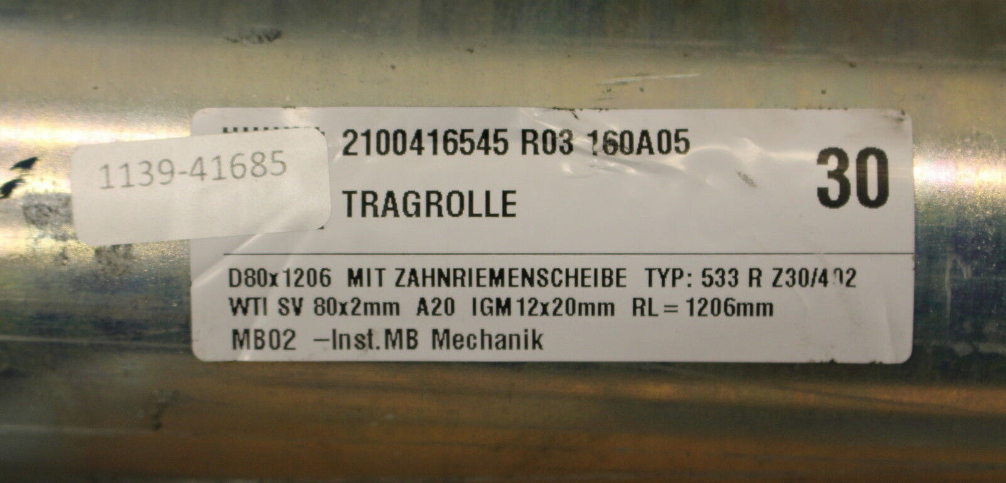 ROLLEX SYSTEMS Tragrolle mit Zahnriemenrad D: 80mm x L: 1206mm Typ 533 R Z30/402