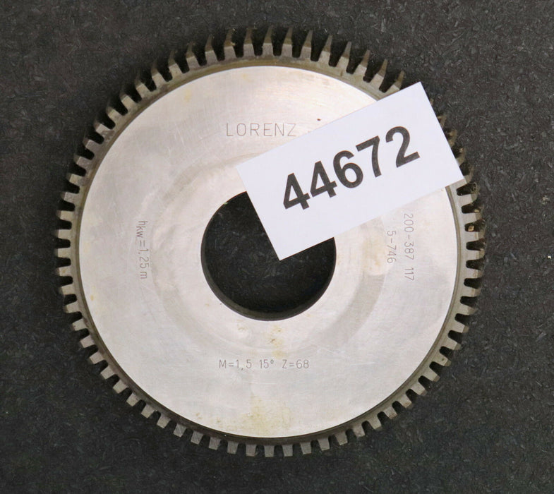 LORENZ Scheibenschneidrad m= 1,5mm 15° EGW hkw=1,25xm ß=0° Z= 68 Bohrung 1 1/4"