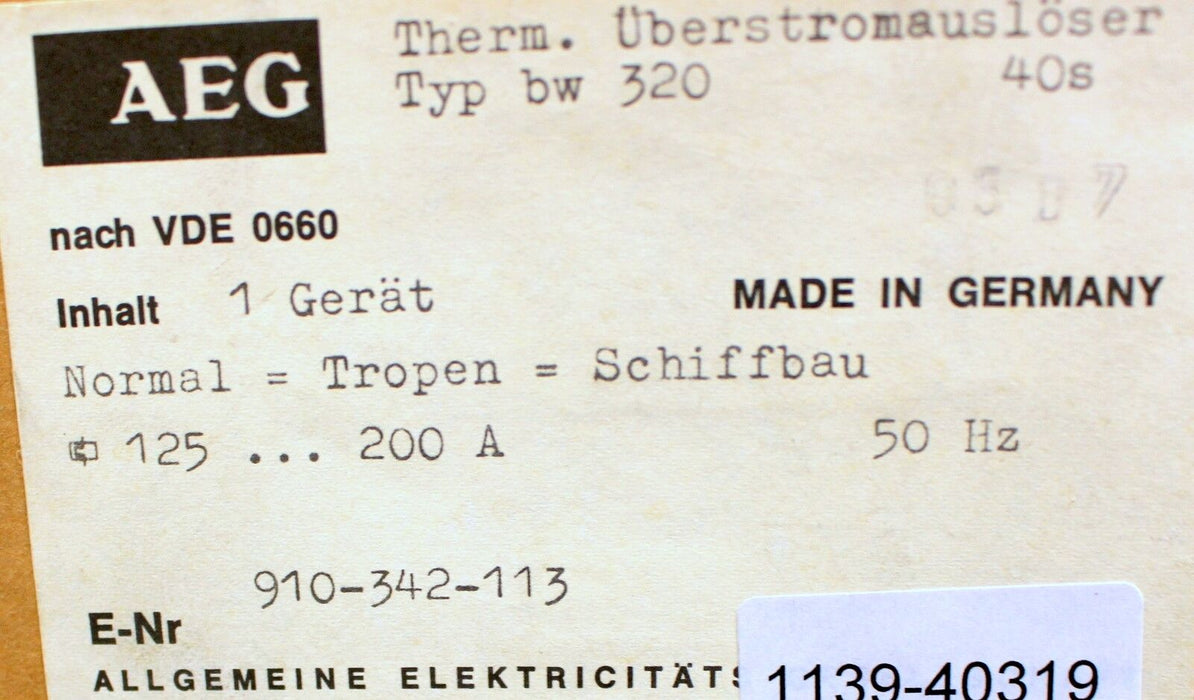 AEG Thermischer Überstromauslöser Typ bw 320 125-200A 40s E-Nr. 910-342-113