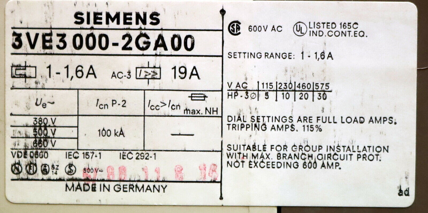 SIEMENS Leistungsschalter 3VE3 3VE3000-2GA00 1-1,6A Motorschutzschalter