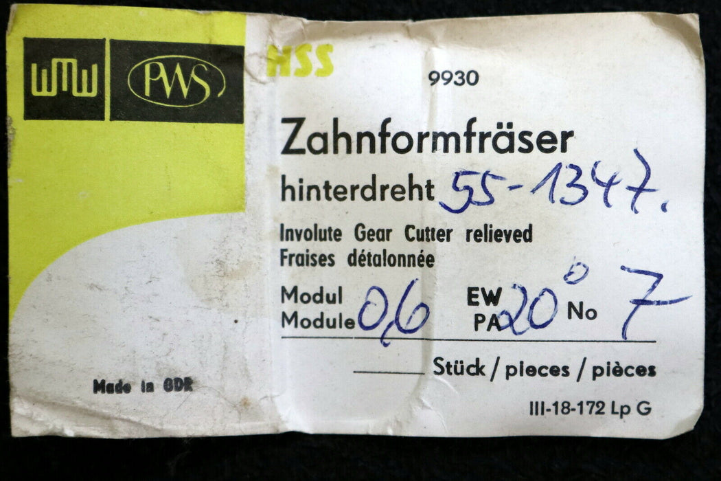 PWS Zahnformfräser m= 0,6mm EGW 20° BP I - DIN 3972 Fräser - Nr. 7 für 55-134 Z.