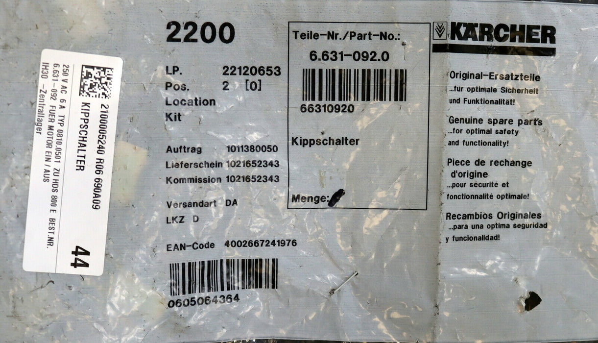 KÄRCHER Kippschalter 6.631-092.0 Typ 0810.0501 für HDS 800E 250VAC 6A