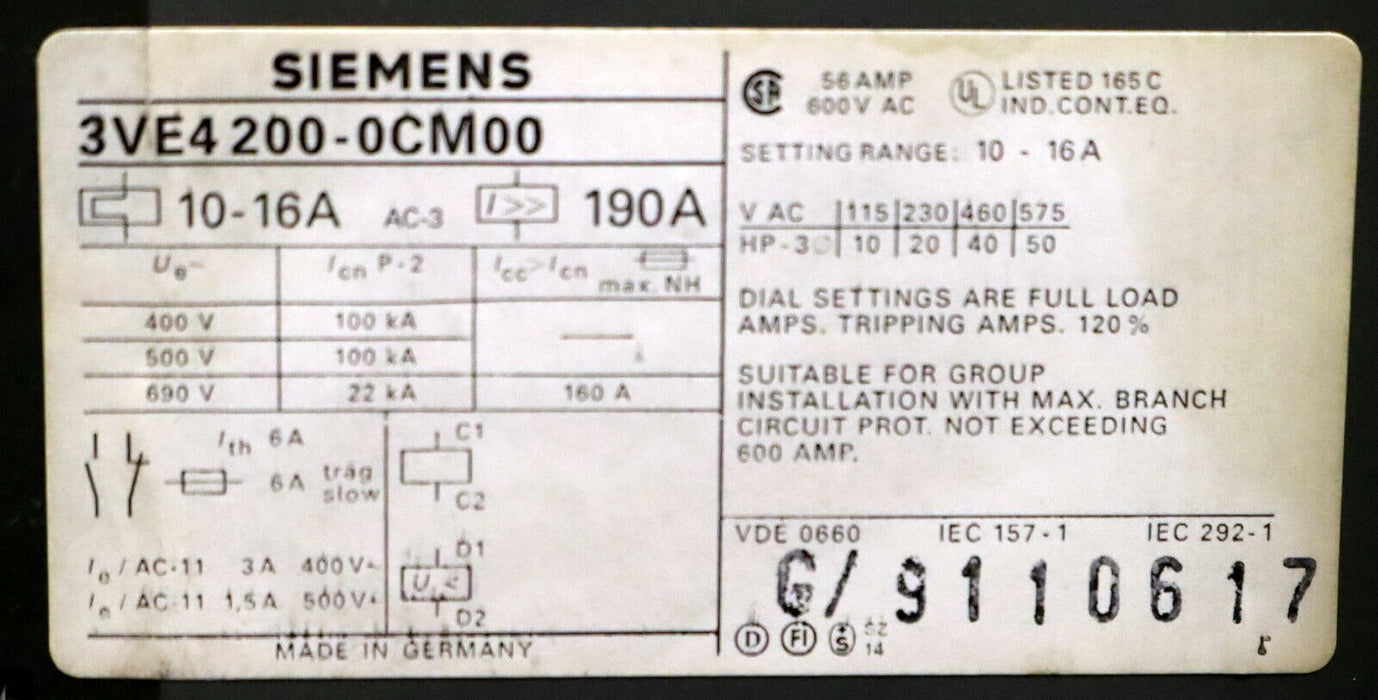 SIEMENS Leistungsschalter 10-16A 190A 3VE4200-0CM00 - gebraucht