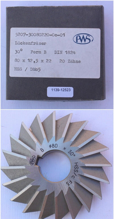 Lückenfräser DIN 1824 - Form B - 30° - Ø80js16 x 12,5h12 x Ø22H7 / 20 Zähne