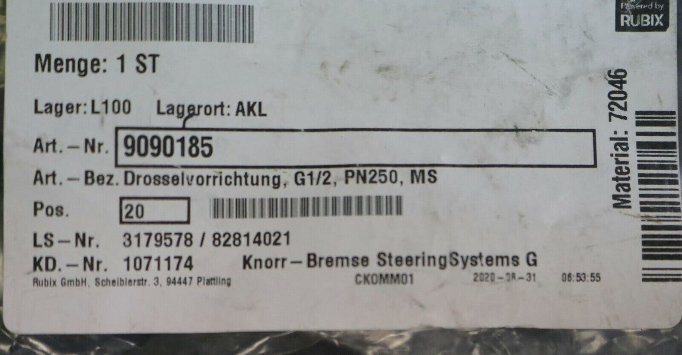 ZITEC / WIKA Drosselvorrichtung für Manometer Art.Nr. 9090185 PN250 G1/2" in OVP