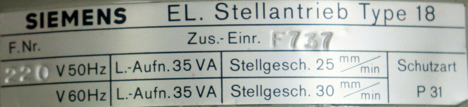 SIEMENS Elektrischer Stellantrieb für Ventile Type 18 Zus.-Einr. F737 - 2kN