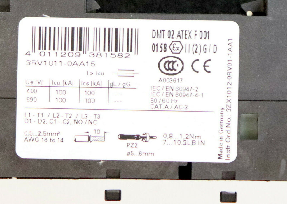 SIEMENS Motorschutzschalter 3RV1011-0AA15 0,11-0,16A 1NO + 1NC Baugröße S00