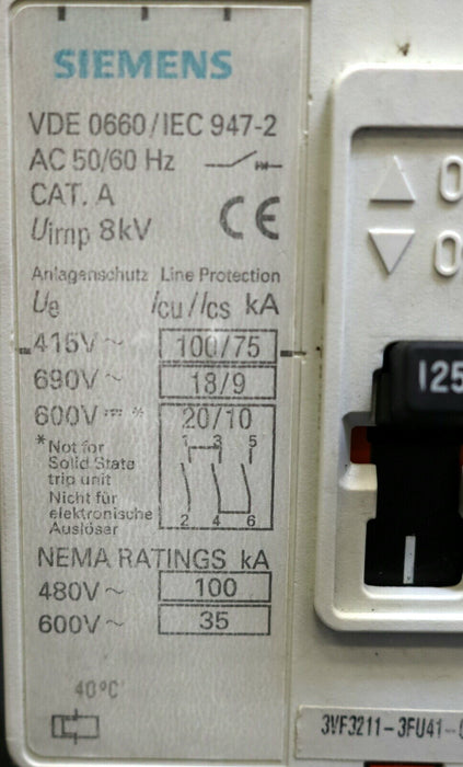 SIEMENS Leistungsschalter In=125A 3VF3211-3FU41-0AB1 100kA Uimp = 8kV 50/60Hz
