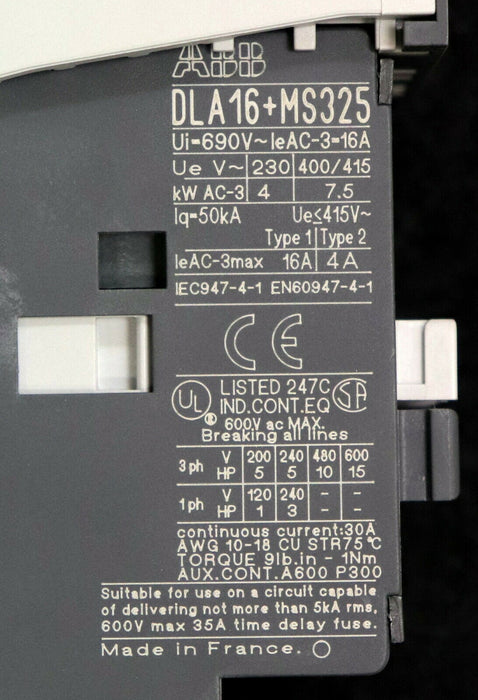 ABB 7,5kW Motorstarter auf Sockel DLA16-30 230/240V 50Hz 240/260V 60Hz AC-3 400V