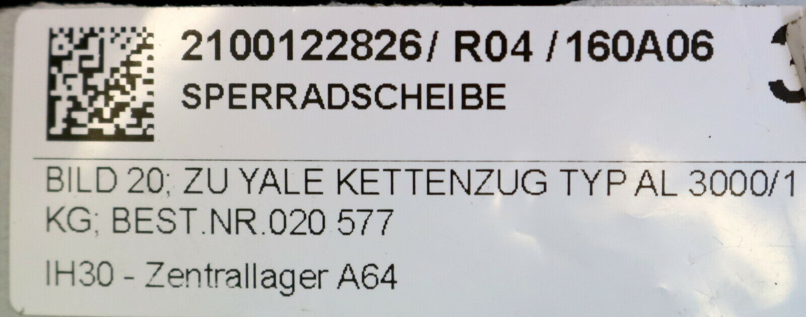 YALE Sperrradscheibe Best.Nr. 020577 zu YALE Kettenzug Typ AL 3000/1 26 Zähne