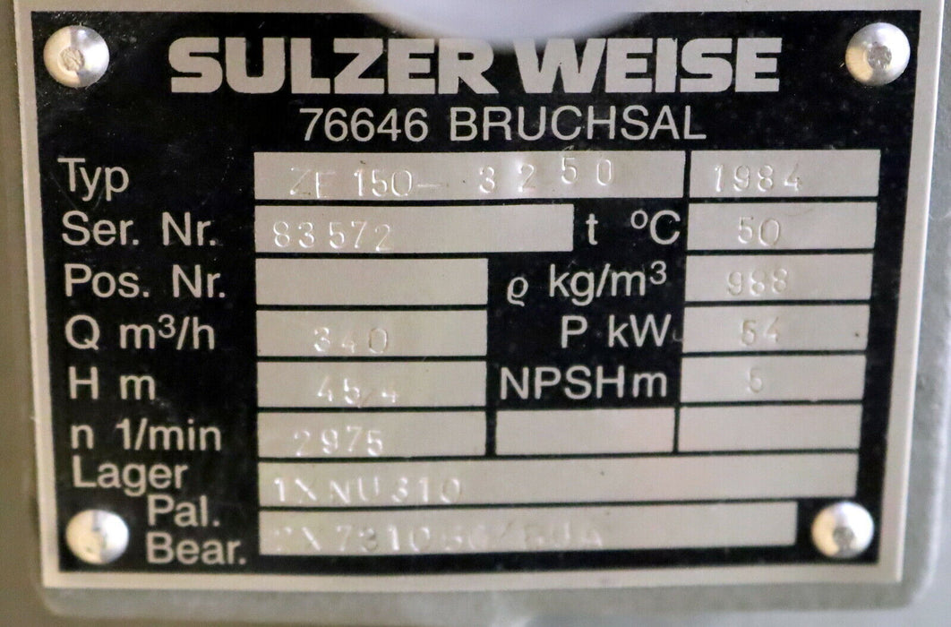 SULZER Process Pump Hydraulikpumpe ZE150-3250 Q= 340m³/h P= 54kW45,4m n=2975U/mi