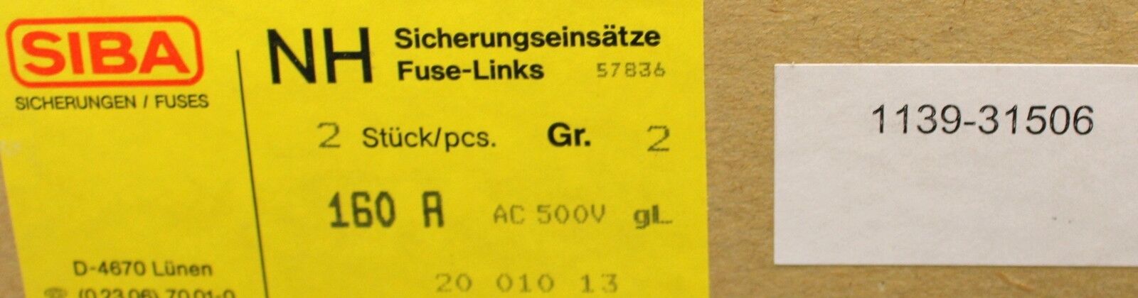 SIBA NH-Sicherungseinsatz 160A - 500VAC - Gr.2 - Nr. 57836 / 2001013 - 2Stück