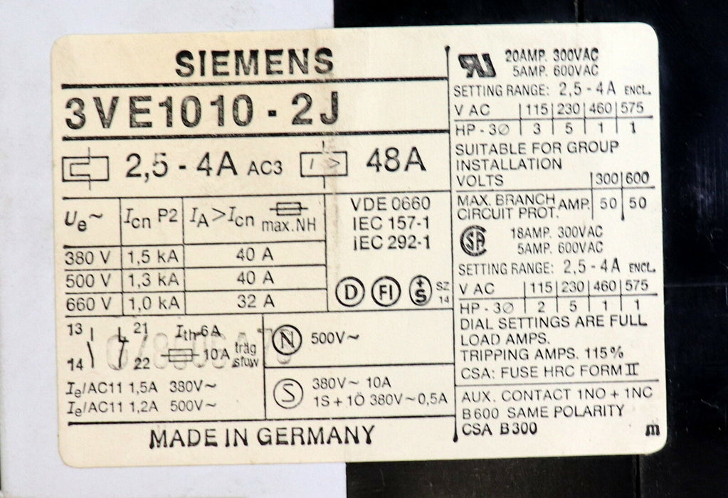 SIEMENS 10 Motorschutzschalter 1x 3VE1020-2G 3x 3VE1010-2J 3x 3VE1010-2G