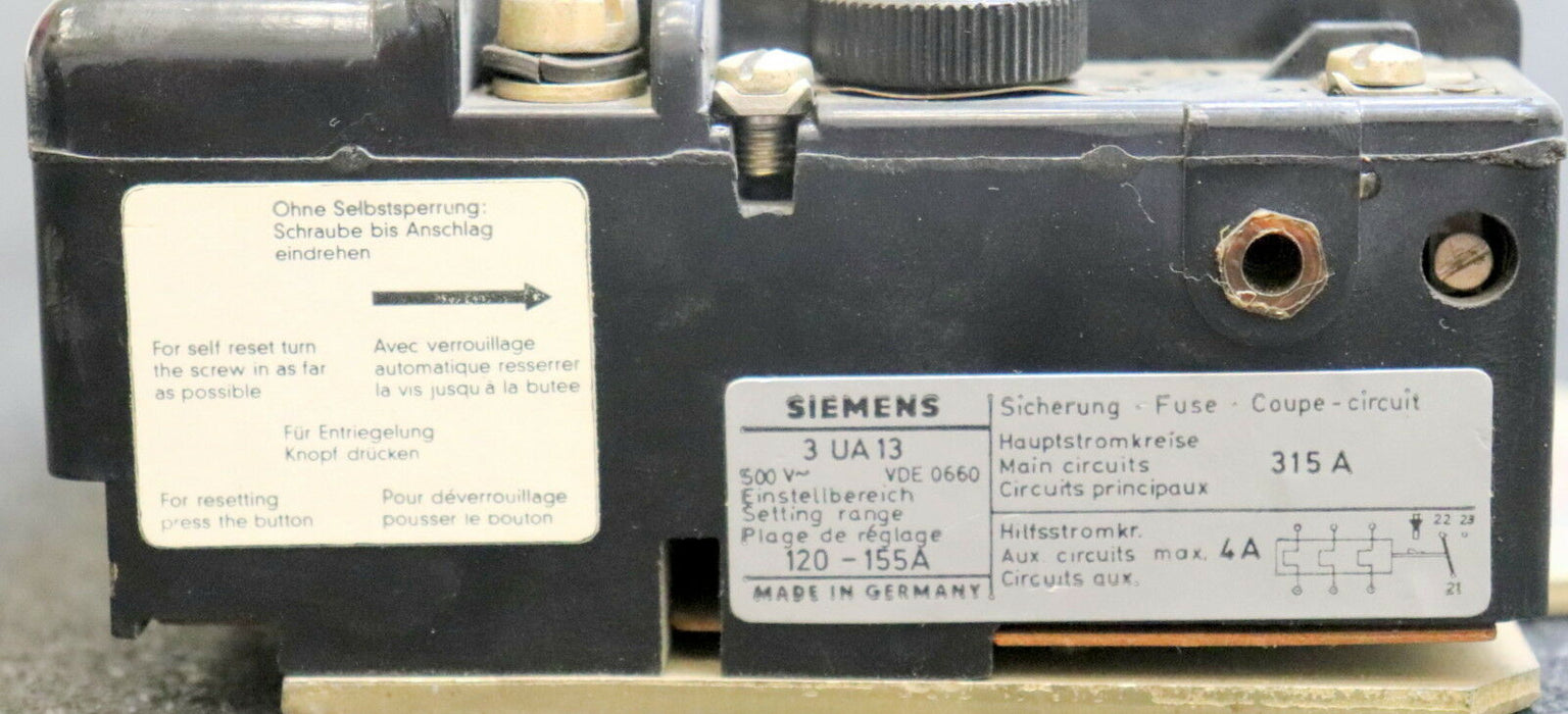 SIEMENS Überlastreais 3UA1306-0A 120-155A 500VAC Hauptstromkreise 300A oder 315A