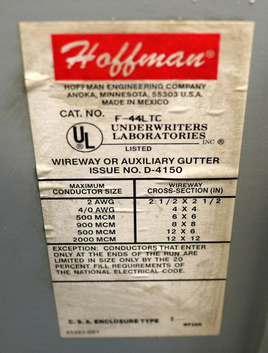 HOFFMAN Wireway, steel Tee Fitting Cat. No. F-44LTA Type 12 Top Opening 4"x4"