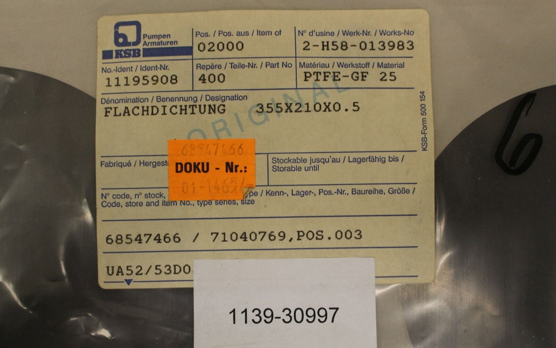 KSB Flachdichtung 210x355x0,5 Teil 400 für Pumpe CTN-CX 100-32  ID-Nr. 905262/1