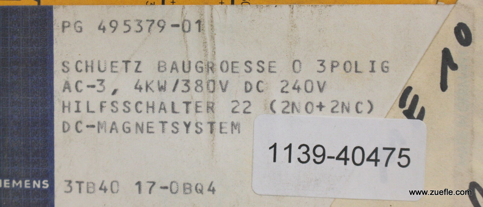 SIEMENS Schütz contactor 3TB4017-OBQ4 Us = 240VDC 4kW